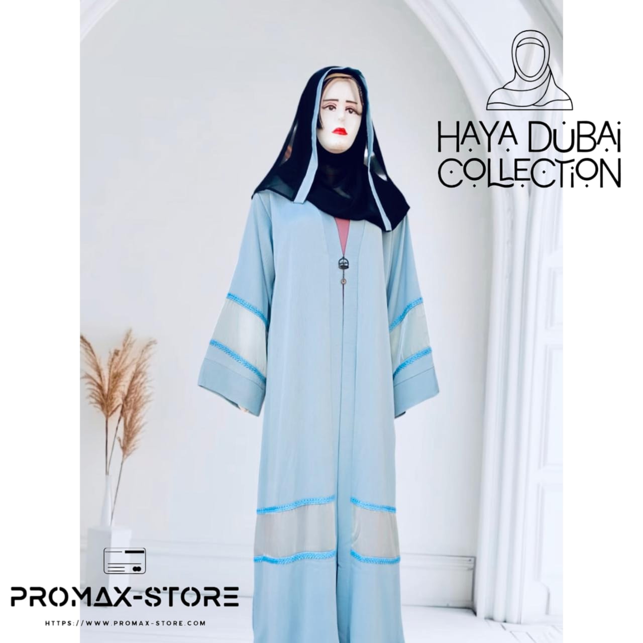Haya Dubai Collection – Sky Blue Elegance Abaya