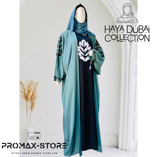 Haya Dubai Collection – Elegant Embroidered Abaya (Jade Green Over Classic Black)